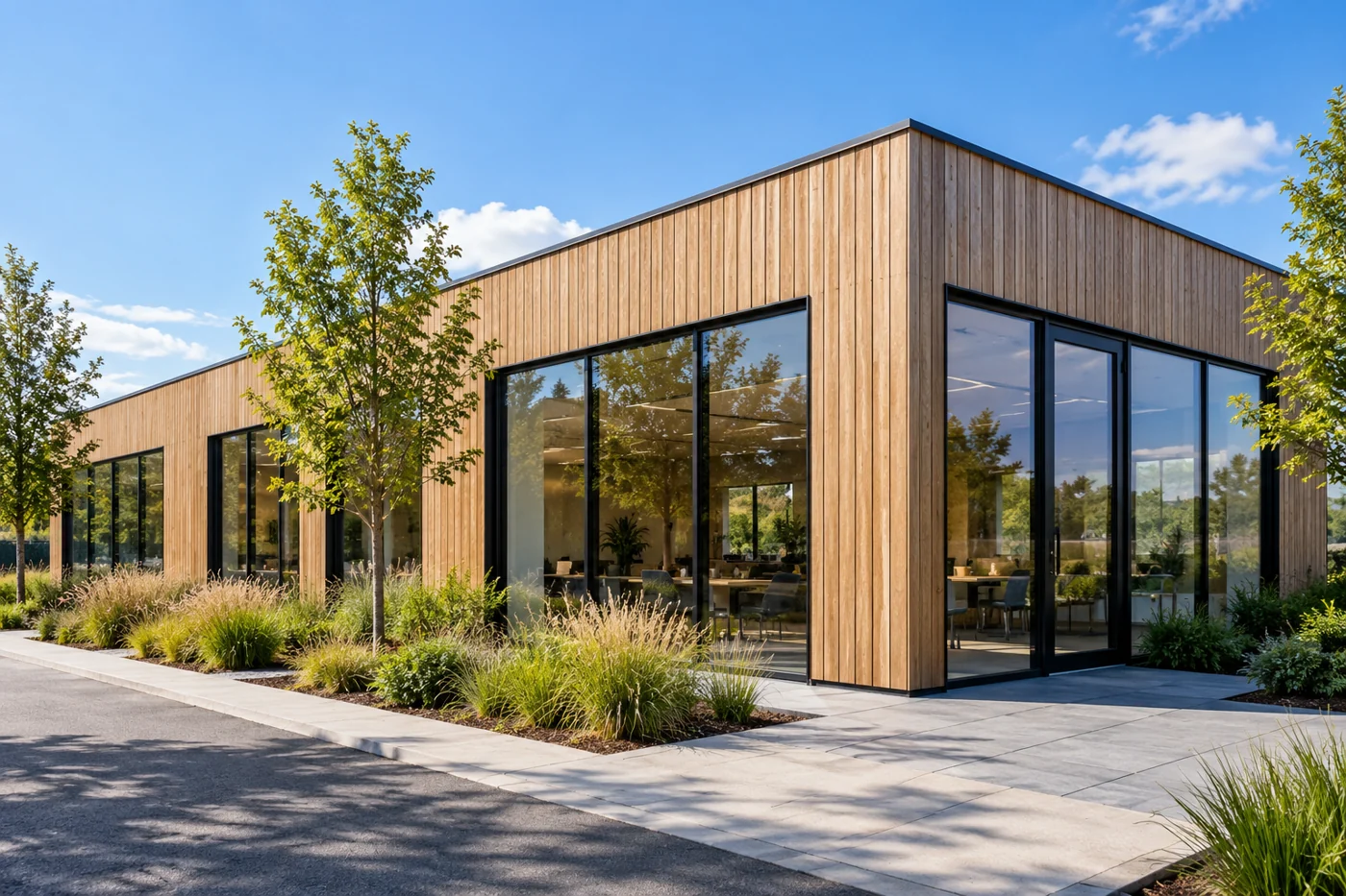 Illustrative timber clad commercial building