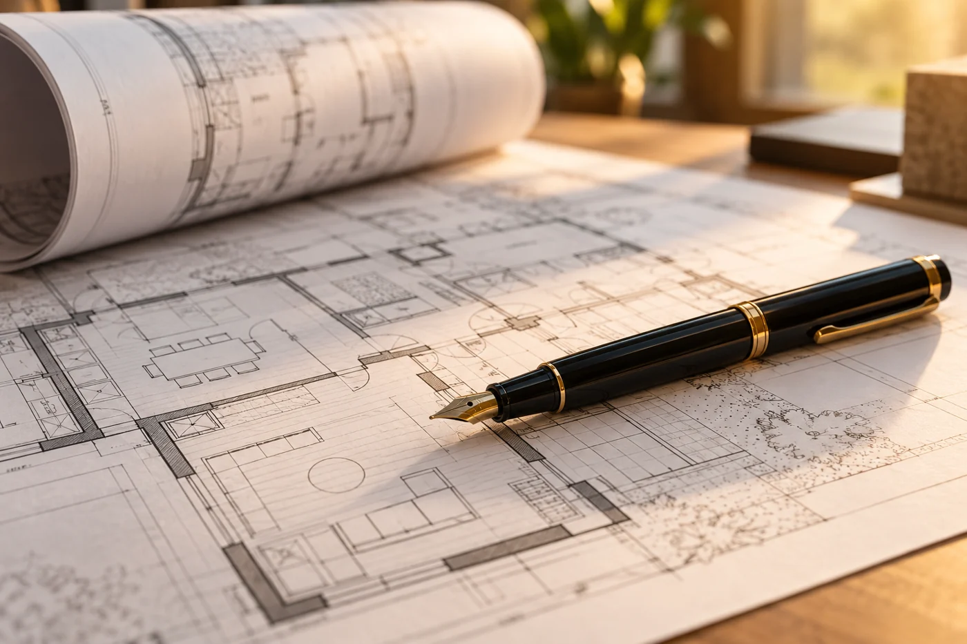 Illustrative architectural drawings and a fountain pen